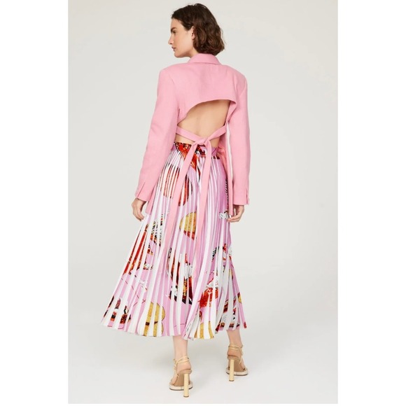 Thebe Magugu Pink Plisse Maxi Skirt Pleated Fish & Chips Print A-Line Sz S - Picture 2 of 13